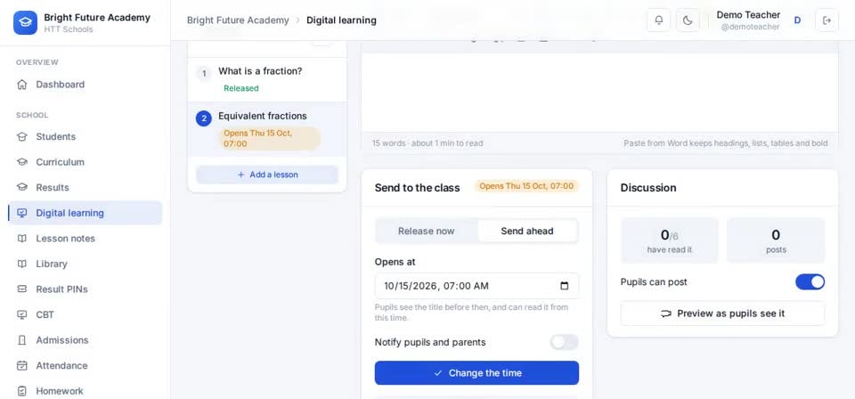 HTT Schools: send ahead — the screen at this step