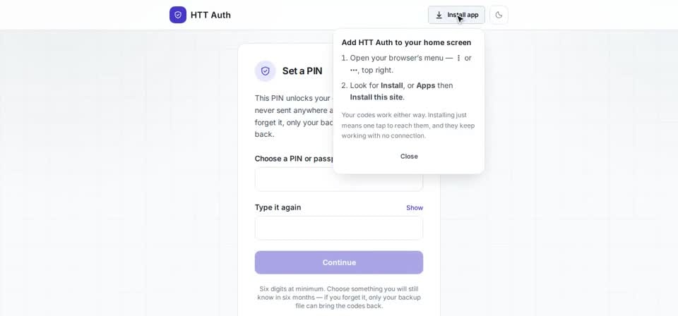 HTT Auth: install app — the screen at this step