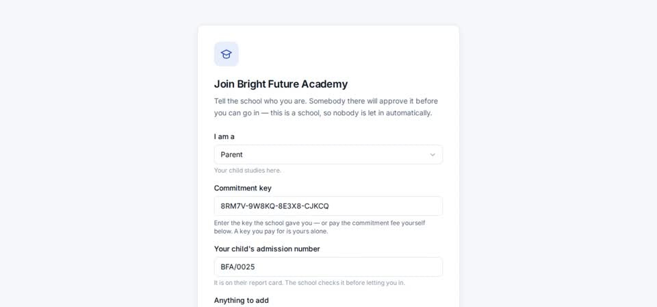 HTT Schools: your child — the screen at this step