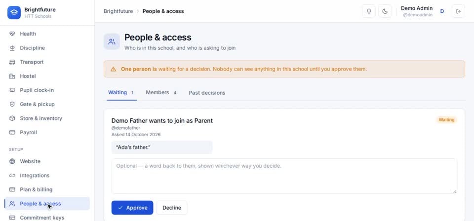 HTT Schools: people and access — the screen at this step