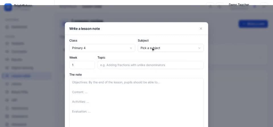 HTT Schools: write a note — the screen at this step
