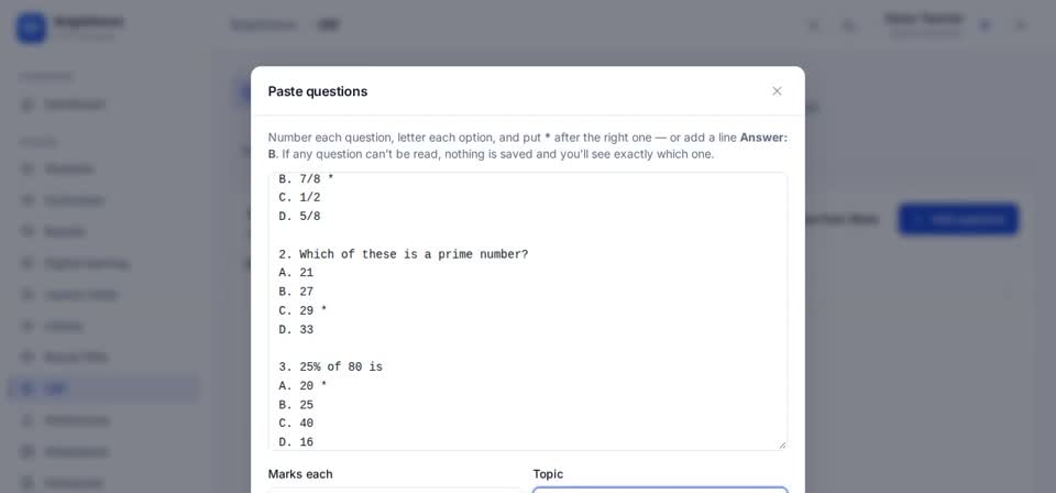 HTT Schools: paste from word — the screen at this step