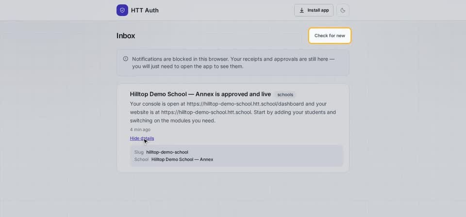 HTT Auth: offline, and new — the screen at this step
