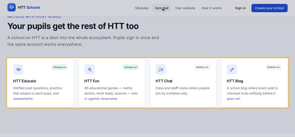 HTT Schools: included platforms — the screen at this step