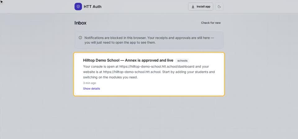 HTT Auth on screen, from the “Your receipts and notices” training