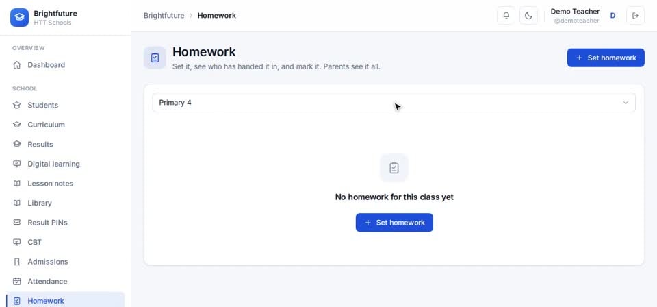 HTT Schools: homework — the screen at this step