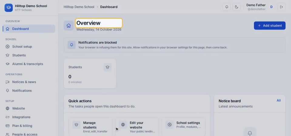 HTT Schools: your console opens — the screen at this step