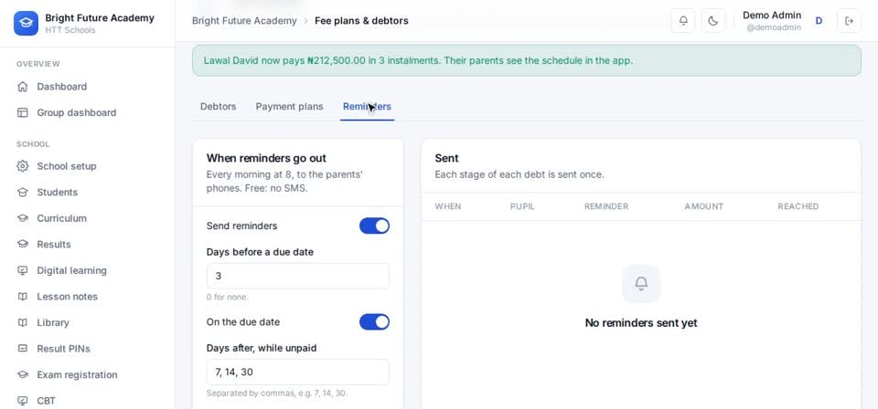 HTT Schools: reminders — the screen at this step