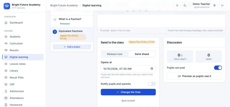 HTT Schools: where each stands — the screen at this step