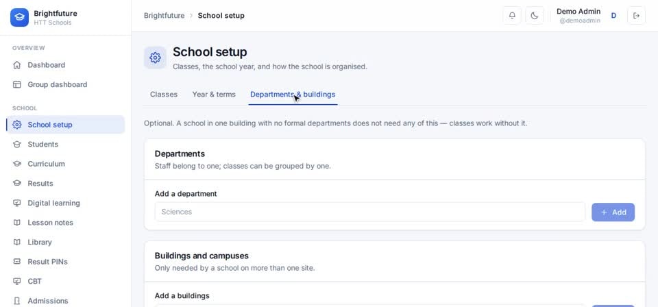 HTT Schools: departments and buildings — the screen at this step