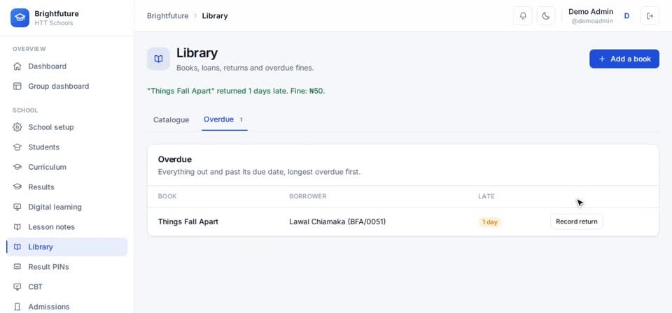 HTT Schools: record the return — the screen at this step