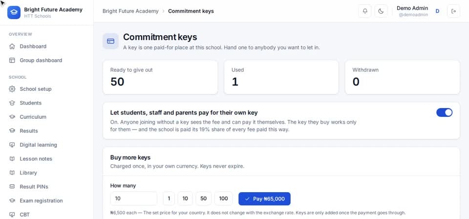HTT Schools on screen, from the “Buying commitment keys in bulk” training