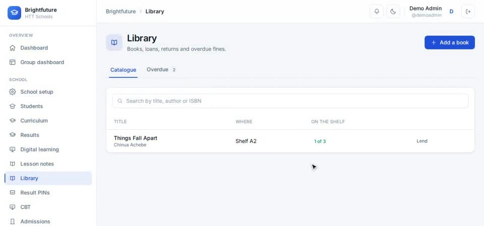 HTT Schools: lend book — the screen at this step