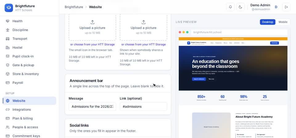 HTT Schools: details — the screen at this step