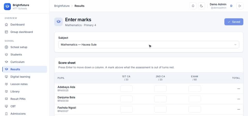 HTT Schools: enter marks — the screen at this step