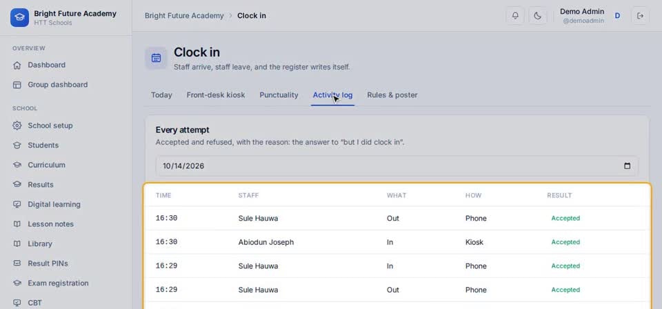 HTT Schools: activity log — the screen at this step
