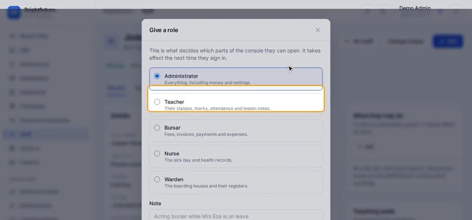 HTT Schools: choosing the role — the screen at this step