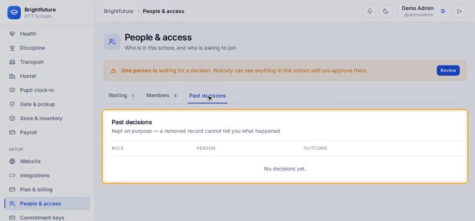 HTT Schools: past decisions — the screen at this step