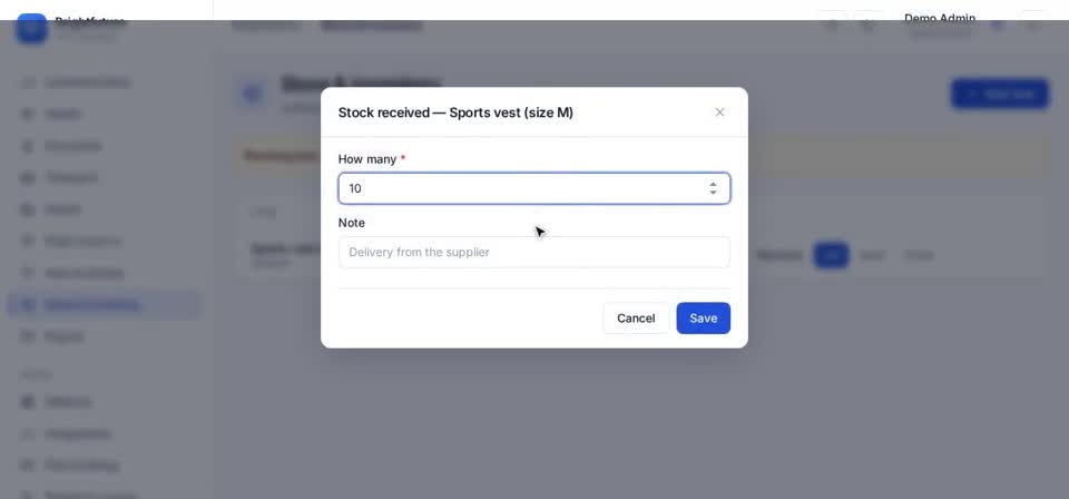 HTT Schools: stock received — the screen at this step