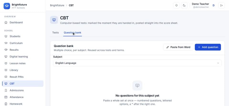 HTT Schools: cbt — the screen at this step