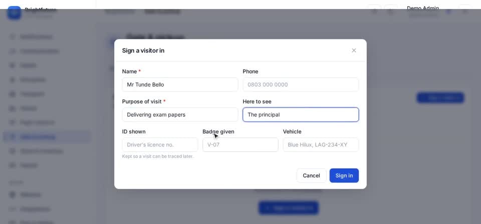 HTT Schools: sign a visitor in — the screen at this step